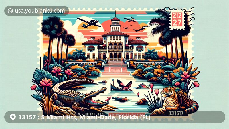 Modern illustration of ZIP code 33157 in S Miami Hts, Miami-Dade, Florida, featuring Vizcaya Museum & Gardens, Everglades National Park, alligators, exotic birds, and a vibrant sunset over the Everglades.