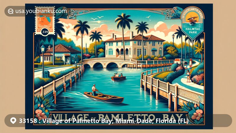 Modern illustration of the Village of Palmetto Bay, Miami-Dade, Florida, capturing Coral Reef Park's serene canal, Thalatta Estate Park's historic house, and Charles Deering Estate with its Chinese Bridge.
