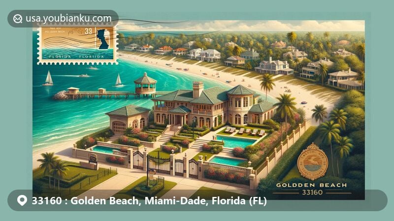 Modern illustration of Golden Beach, Miami-Dade County, Florida, showcasing luxurious community atmosphere with upscale single-family homes, turquoise waters, historic beach pavilion, private parks, and postal elements like vintage postcard layout with ZIP code 33160.