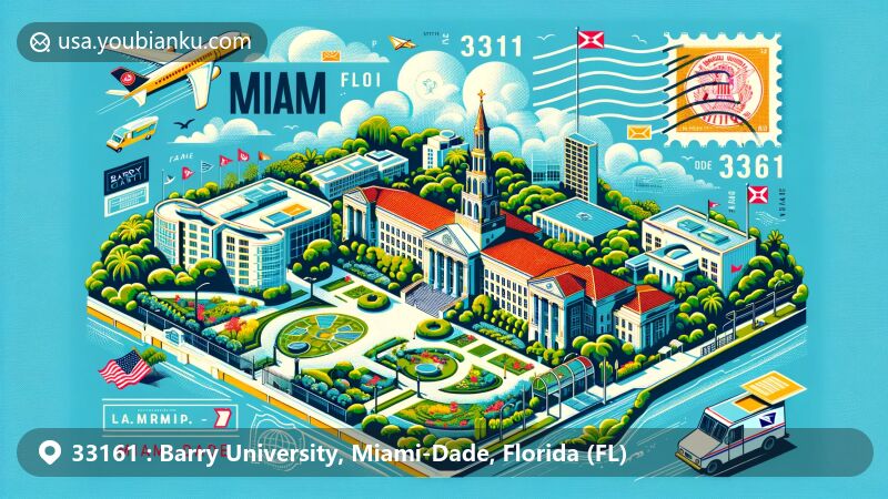 Modern illustration of Barry University, Miami-Dade, Florida, featuring ZIP code 33161, highlighting the university's campus with distinctive buildings and greenery, blending academic and postal themes.