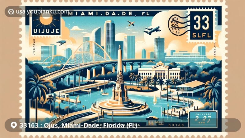 Modern illustration of Ojus area in Miami-Dade County, Florida, highlighting Greynolds Park, Fulford-By-The-Sea Monument fountain, Brightline Aventura station, and Miami metropolitan vibe, with postal elements like stamp and postmark for ZIP code 33163.