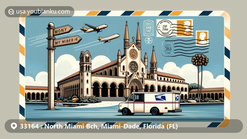 Modern illustration of North Miami Beach, Florida, highlighting Cloisters of the Monastery of St. Bernard de Clairvaux with postal elements, including ZIP Code 33164, stamp, postmark, mailbox, and mail truck.
