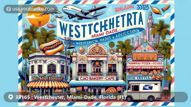 Modern illustration of Westchester, Miami-Dade, Florida, representing ZIP code 33165. Features Cuban influence, diverse dining scene with CAO Bakery & Cafe, Arbetter Hot Dogs, Frankie's Pizza, Rio Cristal. Includes Frost Art Museum, Stocker AstroScience Center, postal elements like air mail envelope, vintage stamps, postal truck, Miami backdrop.
