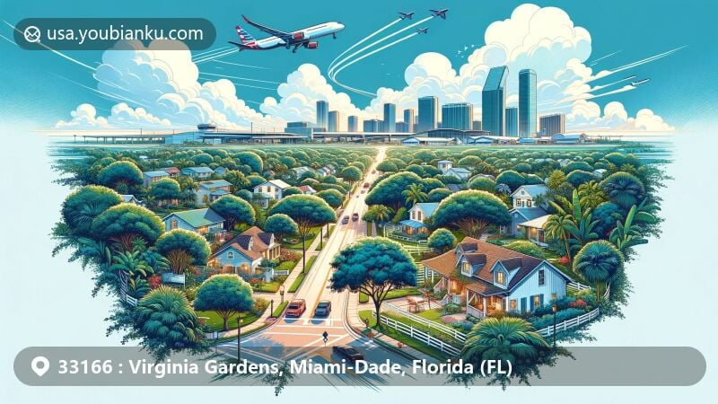 Contemporary depiction of Virginia Gardens in Miami-Dade County, Florida, blending rural heritage with urban sophistication, highlighting historical ties to horse culture and lush green landscapes, set amidst a postal motif with ZIP code 33166 and images representing the state.