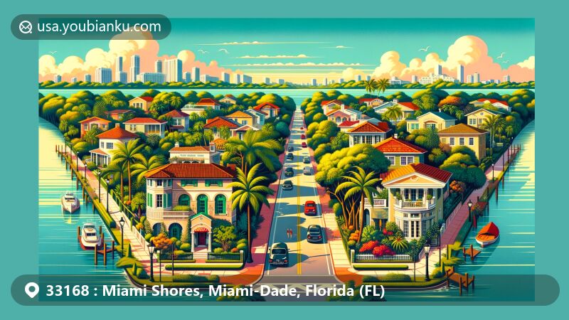 Vibrant illustration of Miami Shores, Florida, showcasing blend of historic charm and modern community life, featuring Mediterranean-inspired and contemporary homes, lush greenery, and Biscayne Bay.