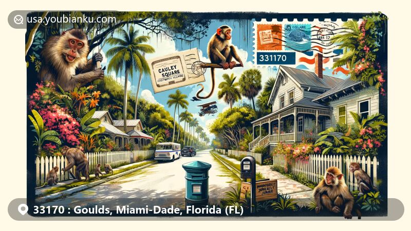 Modern illustration of Goulds, Miami-Dade County, Florida, blending landmarks with postal themes, showcasing Cauley Square Historic Village's scenic beauty and Monkey Jungle's natural landscapes.