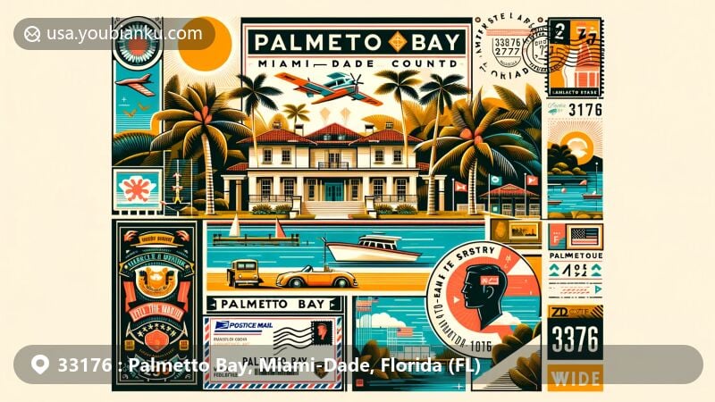 Modern illustration of Palmetto Bay, ZIP Code 33176 in Miami-Dade County, Florida, featuring Charles Deering Estate and vibrant Florida elements.