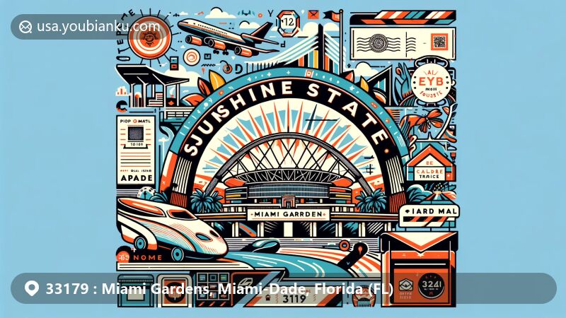 Modern illustration of Sunshine State Arch in Miami Gardens, featuring Hard Rock Stadium and Calder Race Track, showcasing vibrant Miami Gardens. Includes postal-themed elements like postcard layout, ZIP Code 33179, and mailboxes.
