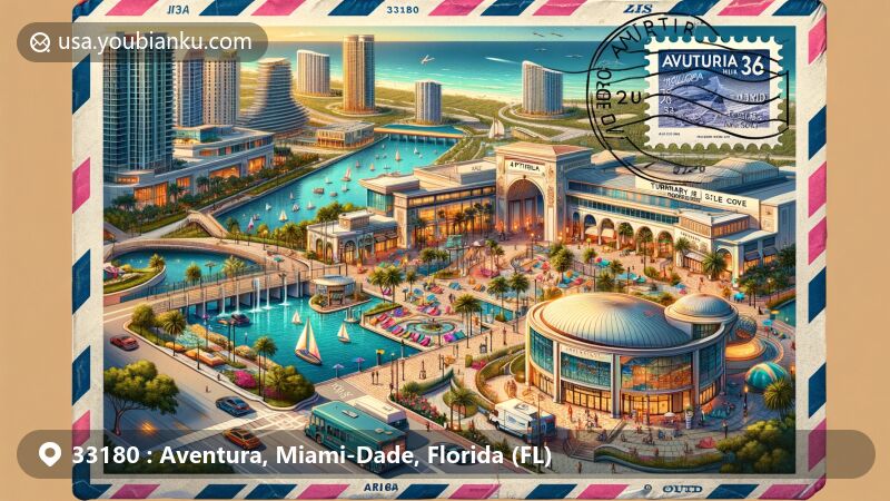 Modern illustration of Aventura, Miami-Dade County, Florida, capturing the vibrant essence and cultural richness of the area, featuring Aventura Mall, Turnberry Isle Miami resort, Aventura Arts & Cultural Center, Tidal Cove Waterpark, and the Don Soffer Exercise Trail.
