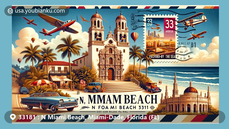 Modern illustration of N Miami Beach, Florida, ZIP code 33181, featuring Ancient Spanish Monastery, Fulford-by-the-Sea Monument, and Aventura Mall against lush landscapes. Includes postal elements like stamps, postmark 'N Miami Beach, FL 33181,' and airmail border.
