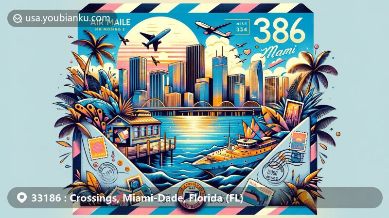 Modern illustration of Crossings, Miami-Dade County, Florida, showcasing iconic skyline and landmarks, reflecting rich Hispanic heritage, with postal service elements such as air mail envelope, stamps, and ZIP Code 33186.