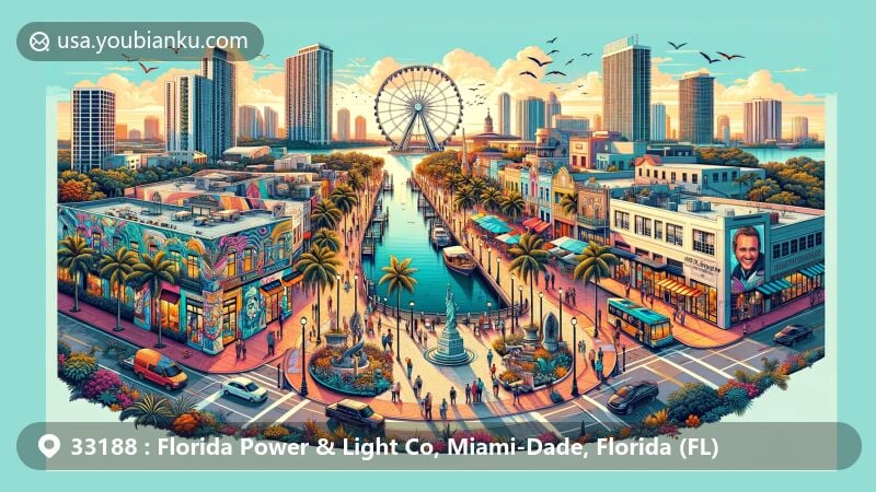 Modern illustration of Miami, Dade County, Florida, showcasing vibrant cultural landmarks and postal theme with ZIP code 33188, featuring Bayside Marketplace, Little Havana, Calle Ocho, Bayfront Park, and Fairchild Tropical Botanic Gardens.