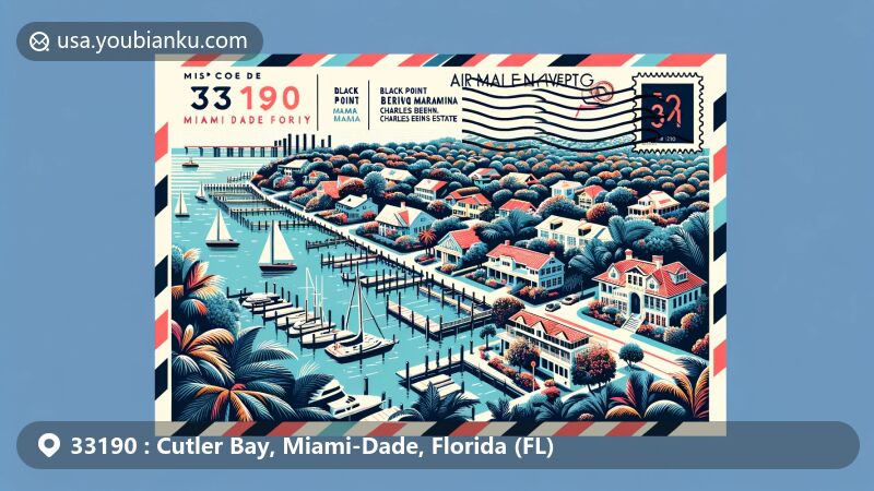 Modern illustration of ZIP Code 33190, Cutler Bay, Miami-Dade County, Florida, blending regional characteristics and postal elements, showcasing Black Point Marina and Charles Deering Estate.