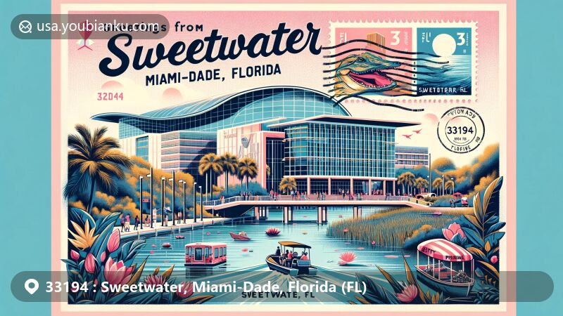 Modern illustration of Sweetwater, Miami-Dade County, Florida, showcasing postal theme with ZIP code 33194, featuring FIU, Dolphin Mall, Everglades wildlife, and postal motifs.