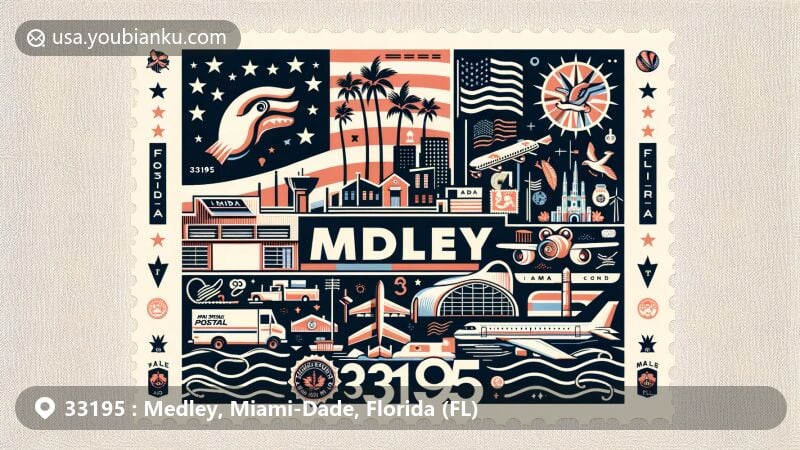 Modern illustration of Medley, Miami-Dade County, Florida, reflecting ZIP code 33195, featuring Florida state flag, Miami-Dade County outline, and iconic landmarks representing Medley's industrial character, integrated with postal motifs like postcard shape and airmail accents.