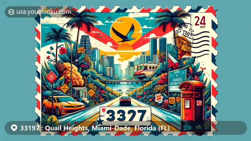 Modern illustration of Quail Heights, Miami-Dade, Florida (FL), featuring a stylish postcard with stamps and postmarks, showcasing ZIP code 33197 and a classic red mailbox, set against the backdrop of Florida's state flag, tropical landscape, and iconic architecture.