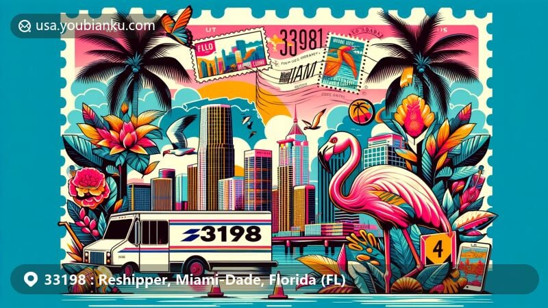 Modern illustration of Reshipper, Miami-Dade, Florida, representing ZIP code 33198, with Miami's skyline and postal elements, including a stylized Florida state flag and Miami-Dade County outline.