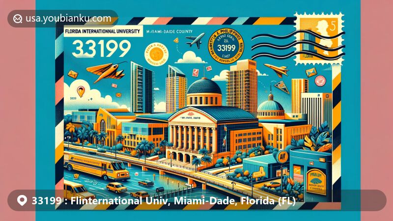 Modern illustration of ZIP code 33199 area, showcasing Florida International University and surrounding landmarks, including Patricia & Phillip Frost Art Museum and Miami-Dade County symbols.