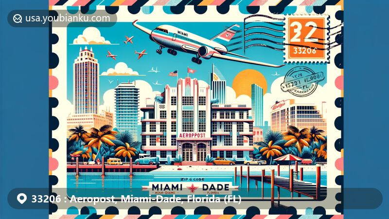 Modern illustration of Aeropost area in Miami-Dade, Florida, featuring iconic elements like Art Deco Historic District, Biscayne Bay, and Little Havana, with a vintage postcard design and postal-themed elements.