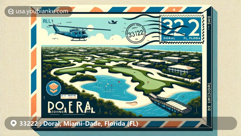 Modern illustration of Doral, Florida area with ZIP code 33222, featuring Blue Monster golf course and Florida state flag on airmail envelope backdrop.