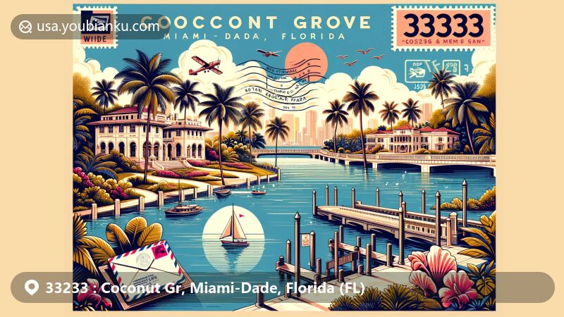 Modern illustration of Coconut Grove, Miami-Dade County, Florida, featuring key landmarks like Vizcaya Museum and Gardens, The Kampong botanical garden, and Peacock Park, with postal theme and ZIP code 33233.