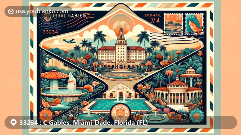 Modern illustration of Coral Gables, Florida, depicting ZIP code 33234 with a creative airmail envelope design featuring iconic landmarks: Biltmore Hotel, Venetian Pool, Coral Gables City Hall, and Fairchild Tropical Botanical Garden.