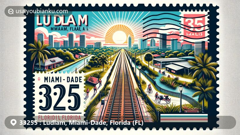 Modern illustration of Ludlam area in Miami-Dade County, Florida, highlighting Ludlam Trail, a 5.6-mile linear park and rail trail connecting schools, parks, and transit stops.