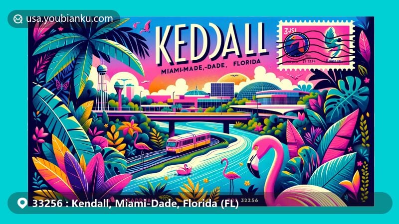 Modern illustration of Kendall, Miami-Dade County, with vibrant postal theme and landmarks like Dadeland Mall, The Falls, and Miami-Dade Military Museum, capturing South Florida's tropical beauty.
