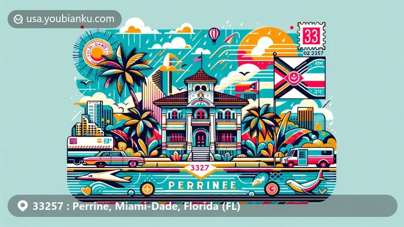 Modern illustration of Perrine area in Miami-Dade County, Florida, showcasing postal theme with ZIP code 33257, featuring tropical monsoon climate backdrop and iconic Miami-Dade County symbols.