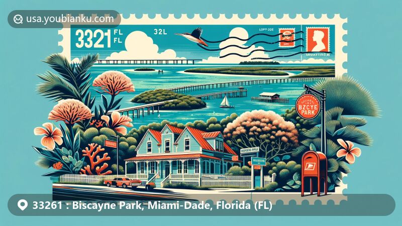 Modern illustration of Biscayne Park, Miami-Dade County, Florida, featuring Biscayne National Park's coral reefs, mangrove forests, and aquamarine waters, alongside iconic symbols of the village's 1920s development and postal elements like a postcard layout, Florida state flag stamp, postmark 'Biscayne Park, FL 33261,' and red mailbox.