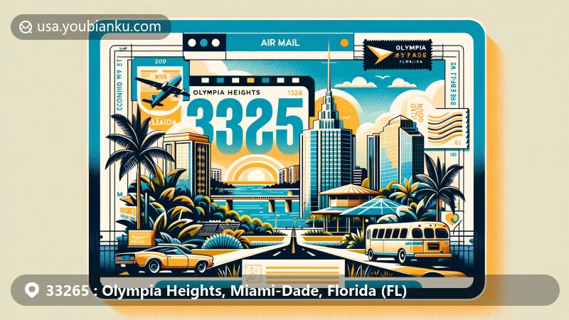 Modern illustration of Olympia Heights, Miami-Dade, Florida, showcasing postal theme with ZIP code 33265, featuring Tropical Park and iconic Miami-Dade architecture.
