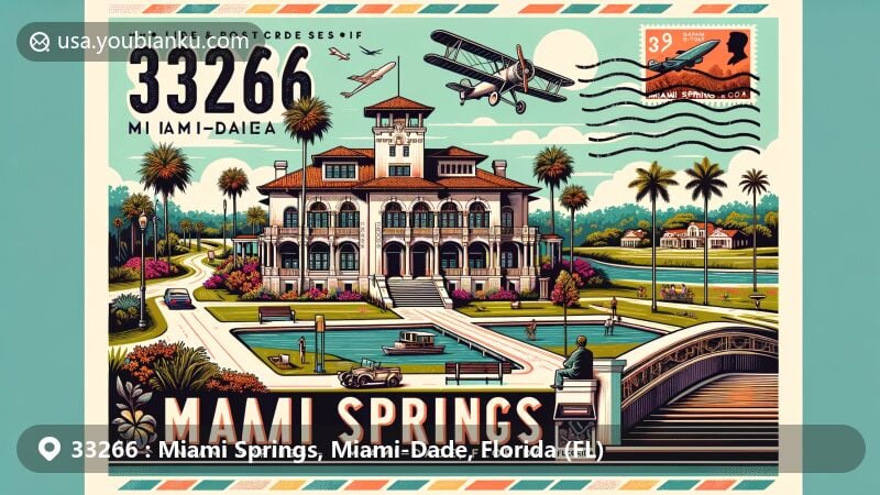Modern illustration of Miami Springs, Miami-Dade, Florida, showcasing postal theme with ZIP code 33266, featuring Curtiss Mansion and local cultural symbols.