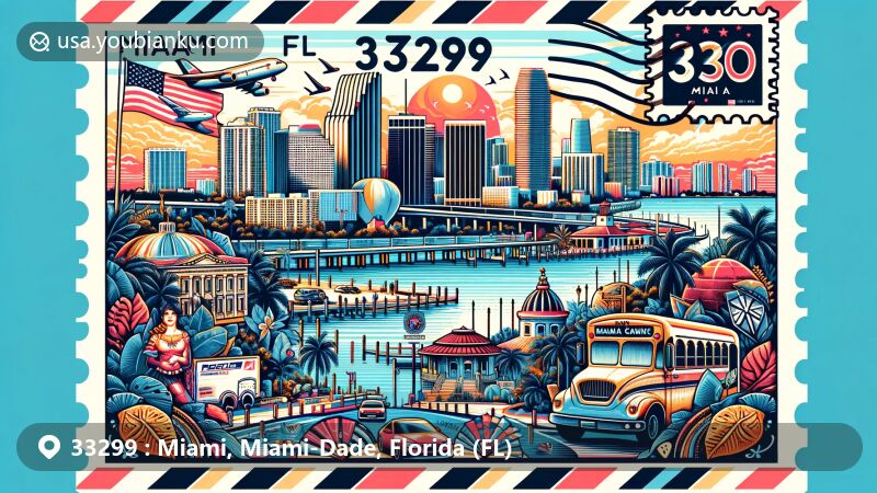Modern illustration of ZIP code 33299 area in Miami, Florida, showcasing iconic skyline with over 300 high-rises and cultural elements like Little Havana and Domino Park.