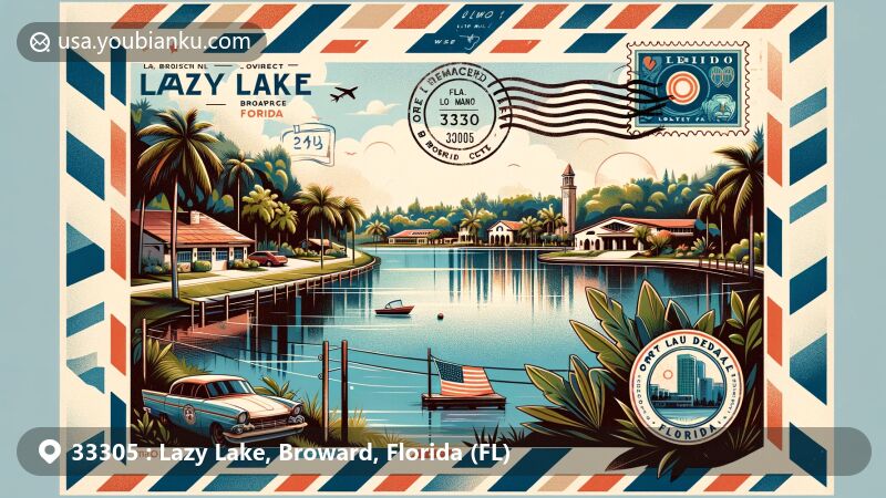 Modern illustration of Lazy Lake, Lazy Lane, Florida, showcasing postal theme with ZIP code 33305, featuring Florida state flag, Broward County outline, vintage air mail envelope border, and Gateway Theatre stamp.