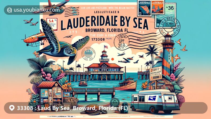 Modern illustration of Lauderdale By The Sea, Broward, Florida (FL), combining postal and regional features with icons like Anglin's Fishing Pier, SS Copenhagen shipwreck, turtle nesting areas, and Beach Pavilion.