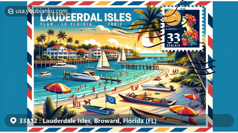 Modern illustration of Lauderdale Isles, Broward, Florida, showcasing airmail envelope postcard with ZIP code 33312, featuring beach scene with yachts, water activities, and Bonnet House Museum & Gardens.