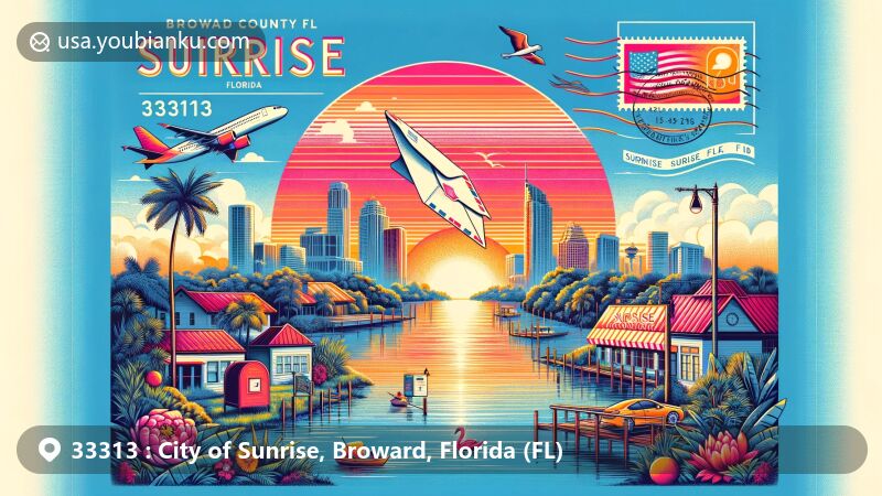 Modern illustration of Sunrise, Broward County, Florida, showcasing postal theme with ZIP code 33313, featuring iconic landmarks and natural beauty within an air mail envelope.