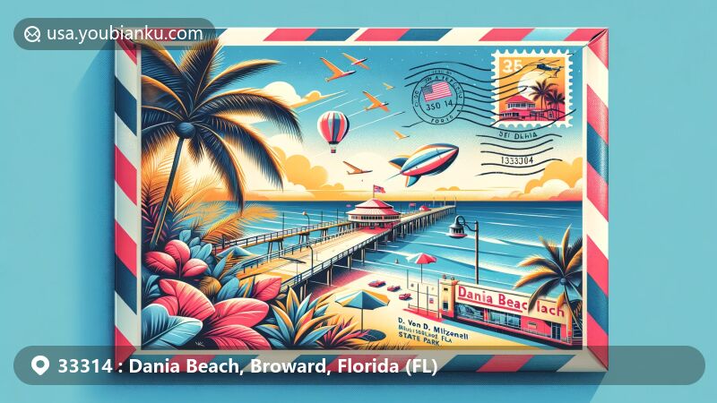 Modern illustration of Dania Beach, Florida, depicting ZIP code 33314 with airmail envelope, Florida state flag, and postmark. Features Dania Beach Fishing Pier, Dr. Von D. Mizell-Eula Johnson State Park, and palm trees.