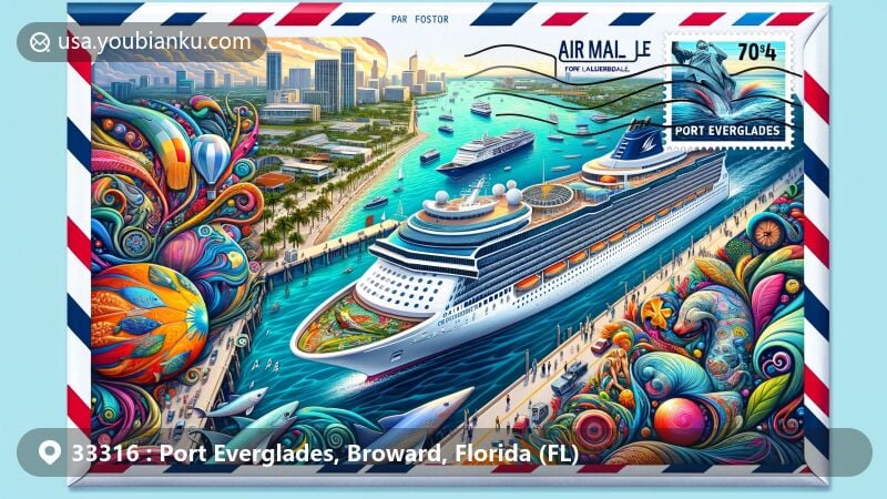 Modern illustration of Port Everglades in Broward County, Florida, featuring a vibrant depiction of the bustling cruise port scene with public art installations and iconic landmarks, encapsulating the essence of ZIP Code 33316.
