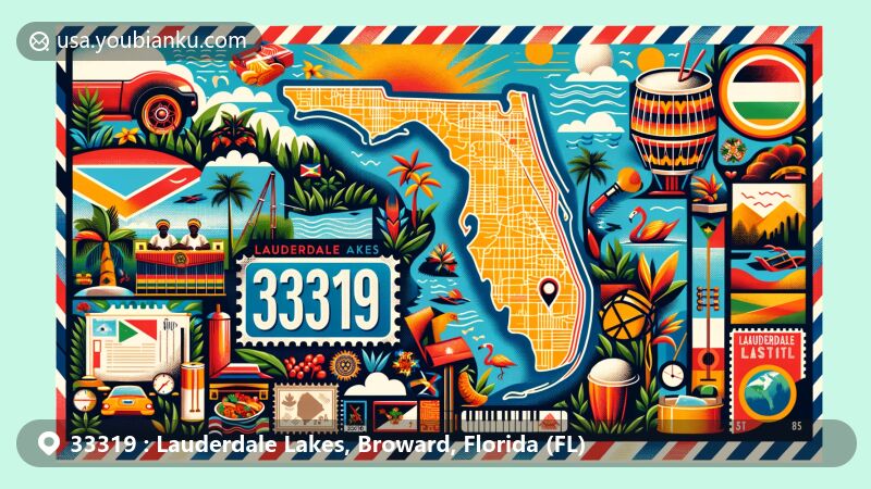 Modern illustration of ZIP Code 33319 in Lauderdale Lakes, Broward County, Florida, featuring cultural elements like Jamaican and Haitian patterns, food, and music, with tropical landscapes and postal motifs.