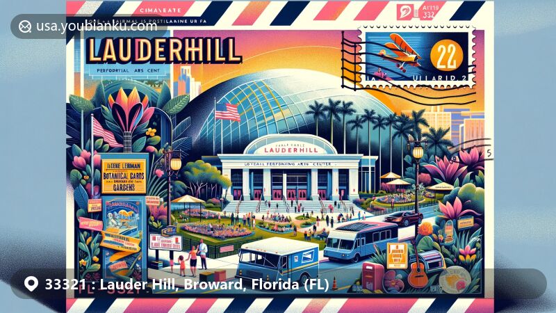 Modern illustration of Lauderhill, Florida, highlighting ZIP code 33321 area with Lauderhill Performing Arts Center and Ilene Lieberman Botanical Gardens, featuring Jammin’ in the Park and Art Fest, embodying community and cultural diversity.