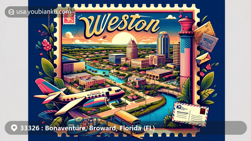 Modern illustration of Bonaventure, Broward, FL, showcasing the city of Weston near Fort Lauderdale. It features lush landscapes, Everglades proximity, and architectural elements, with postal symbols like vintage airplanes, stamps, a mail truck, and a letterbox against a sunset backdrop.