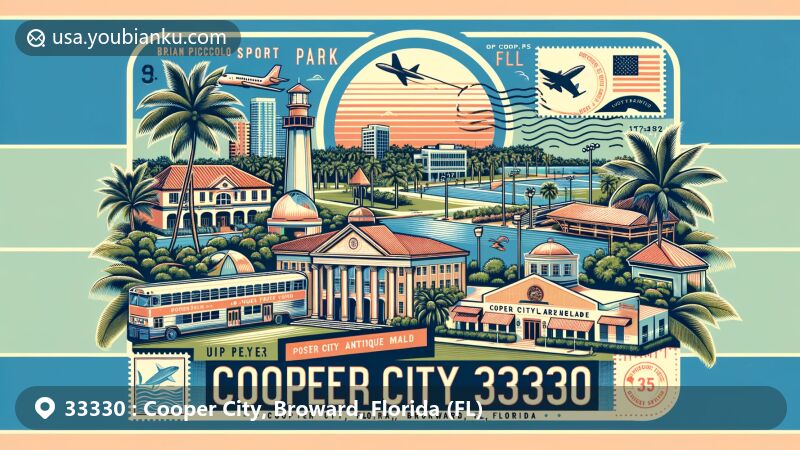Modern illustration of Cooper City, Broward, Florida, featuring ZIP code 33330, with landmarks like Brian Piccolo Sport Park, Cooper City Antique Mall, and Cooper City Memorial Park, complemented by Florida's palm trees and state flag.