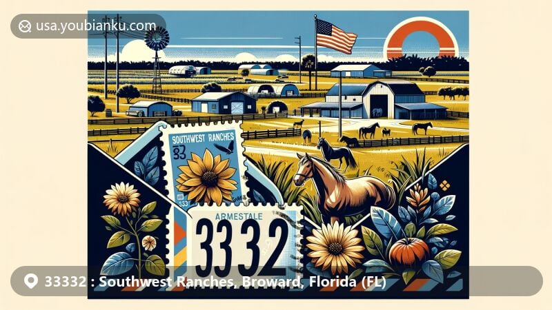 Modern illustration of Southwest Ranches, Broward, Florida, showcasing postal theme with ZIP code 33332, featuring airmail envelope with native wildlife stamp.