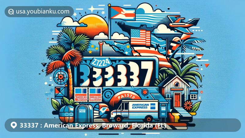 Modern illustration of Broward County, Florida, with ZIP code 33337, featuring state symbols like the flag and palm trees, postal elements such as stamps and a postmark, and a nod to American Express.