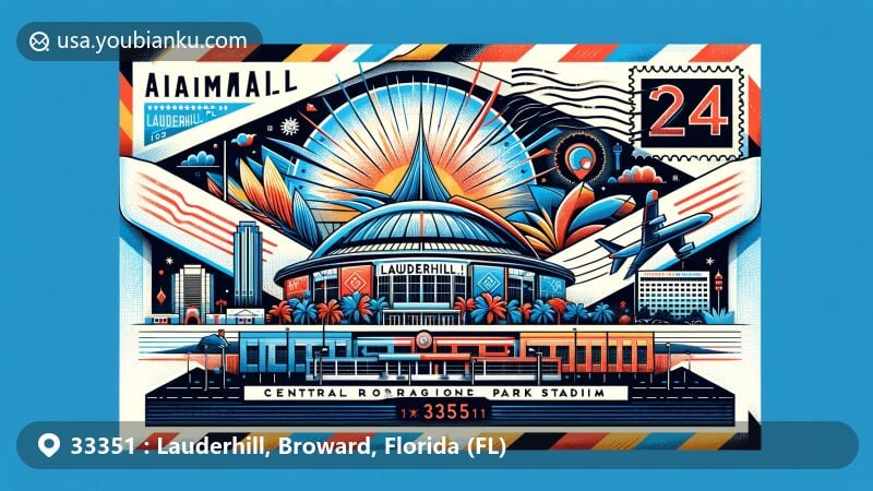 Modern illustration of Lauderhill, Florida, with airmail envelope theme, showcasing Lauderhill Performing Arts Center, Central Broward Regional Park Stadium, and Florida symbols.
