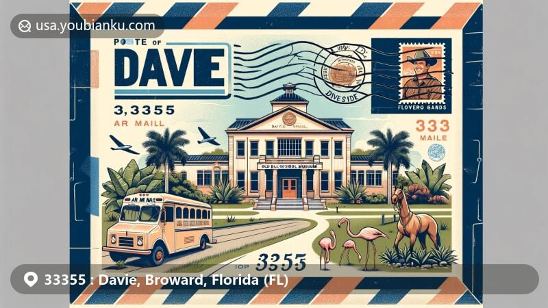 Modern illustration of Davie, Florida, featuring vintage air mail envelope, Old Davie School Historical Museum, green parks like Linear Park, Flamingo Gardens' wildlife, and Bergeron Rodeo Grounds theme, alluding to ZIP code 33355.
