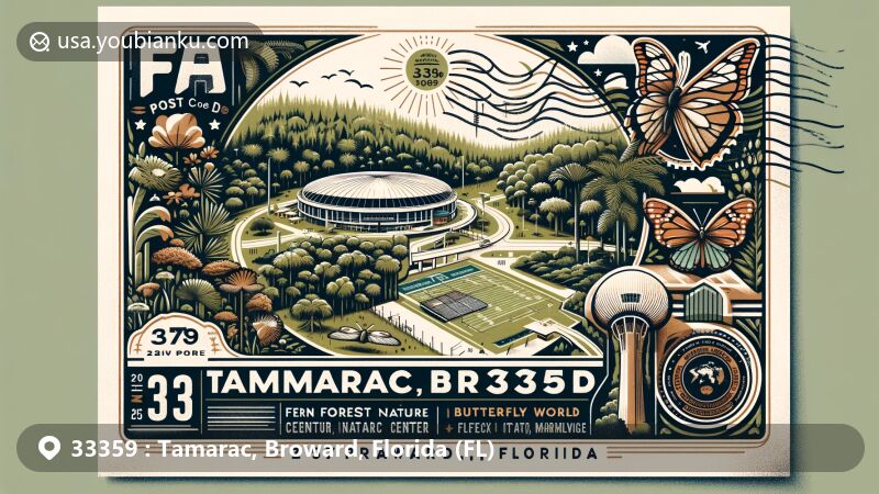 Modern illustration of Tamarac, Broward, Florida, showcasing Fern Forest Nature Center and Butterfly World, with a depiction of DRV PNK Stadium, blending local nature, wildlife, and sports culture. Includes postal symbols and Florida state elements.