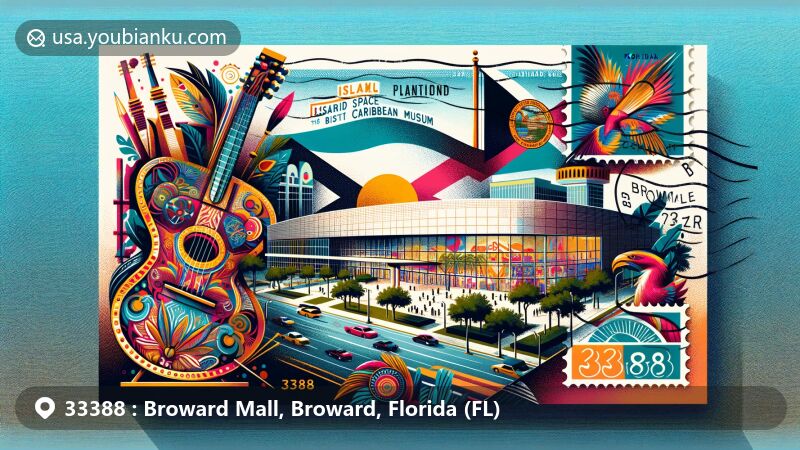 Modern illustration of Island SPACE Caribbean Museum in Broward Mall, Florida, highlighting Caribbean culture with music and art, incorporating state symbols and ZIP code 33388.