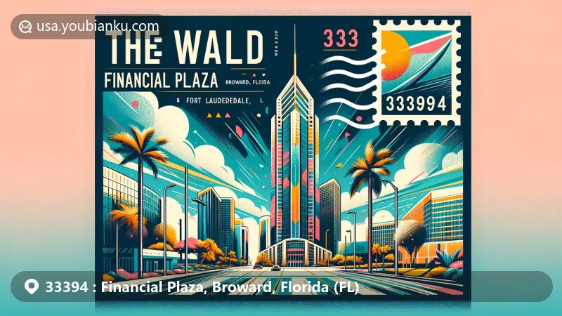 Modern illustration of Financial Plaza in Broward County, Florida, highlighting One Financial Plaza, a prominent 28-story landmark in downtown Fort Lauderdale, amidst signature palm trees and sunny skies.